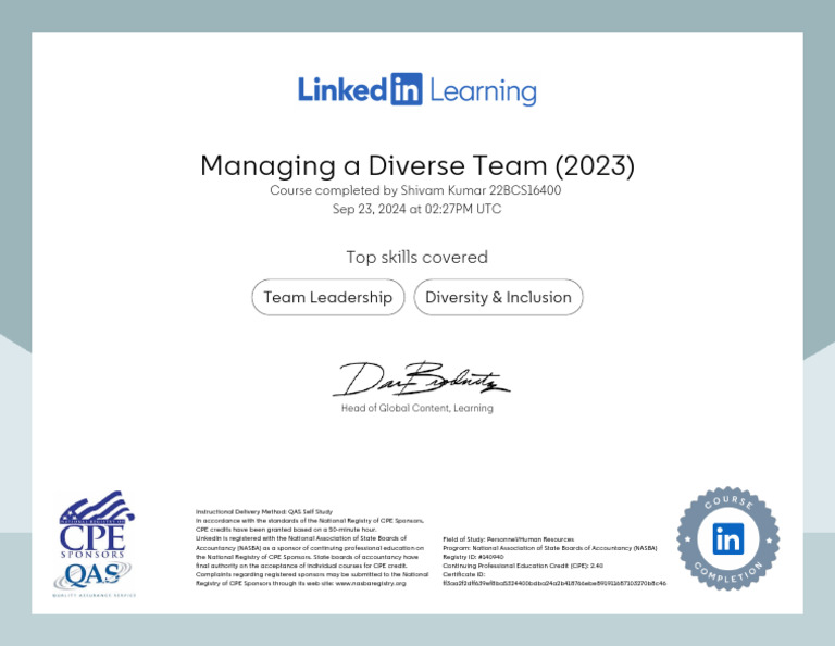 CertificateOfCompletion - Managing A Diverse Team 2023 | PDF | Finance ...
