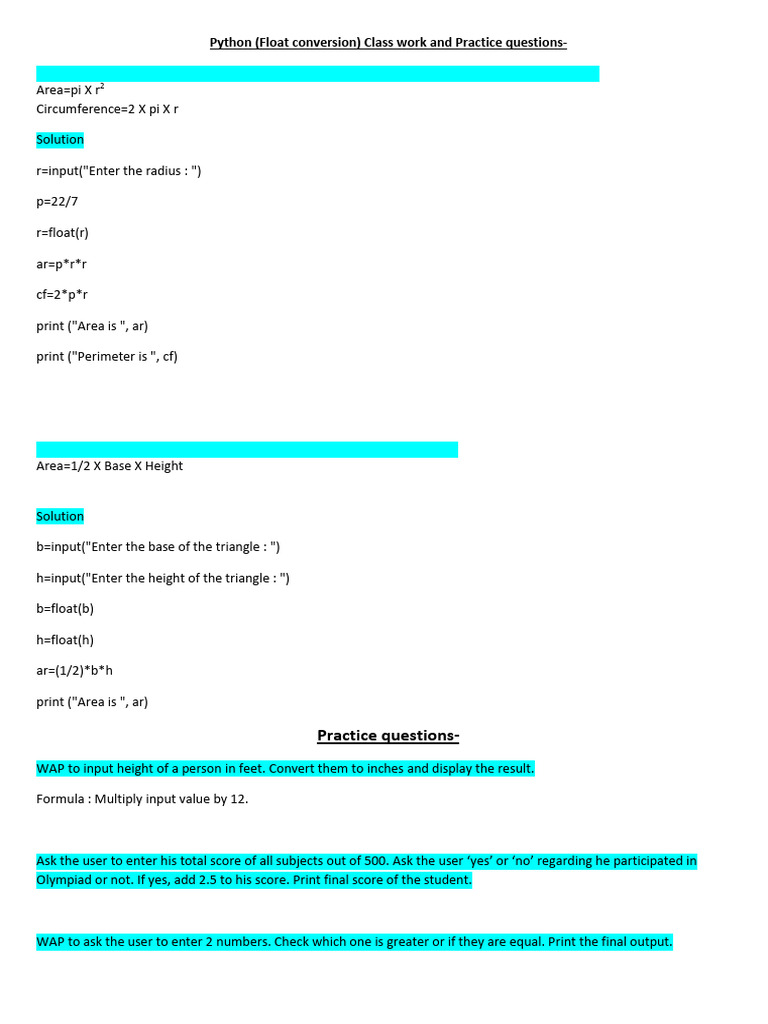 Python - (Float) Practice Questions | PDF