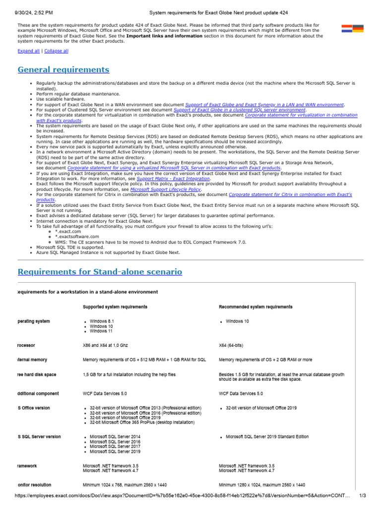 System Requirements For Exact Globe Next Product Update 424-1 | PDF