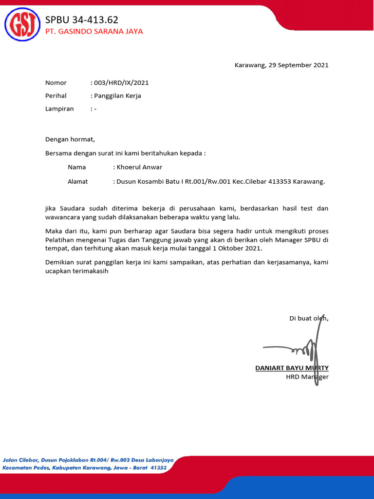 Panggilan Kerja PT. Gasindo Sarana Jaya | PDF
