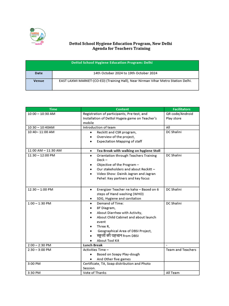 Dettol School Hygiene Education Program, New Delhi Agenda For Teachers ...