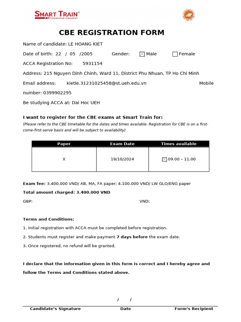 Form Dang Ky Thi CBE | PDF