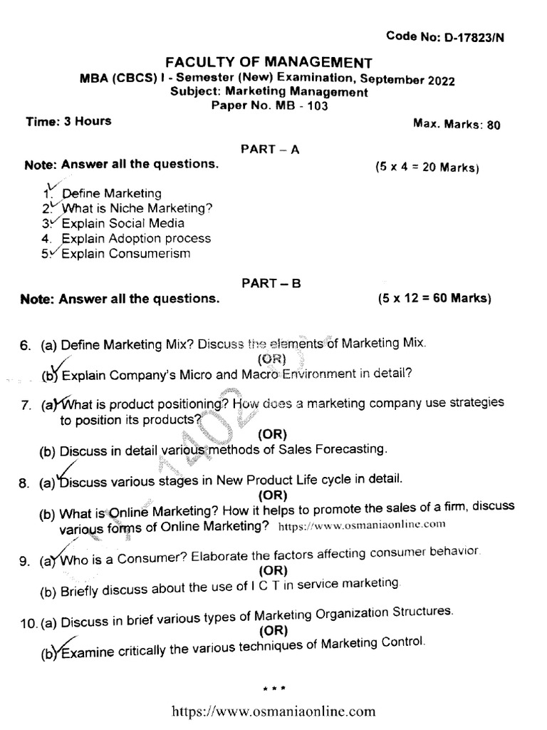 Mba 1 Sem Marketing Management D 17823 Sep 2022 | PDF
