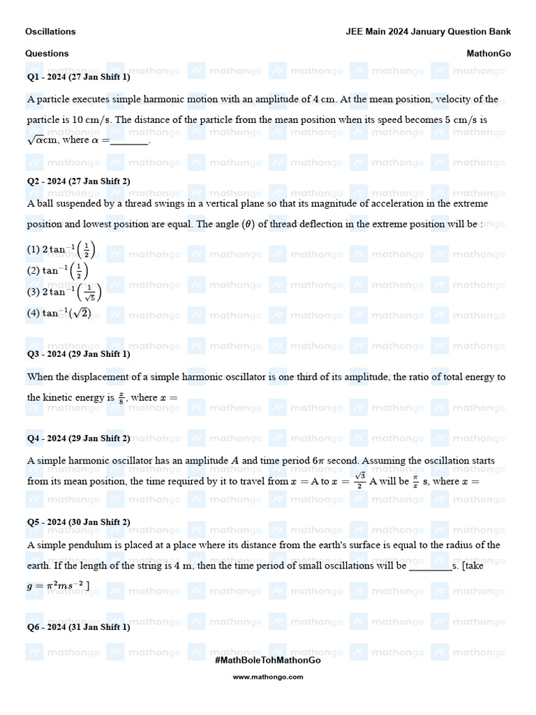Oscillations jee main 2024 january question bank mathongo pdf