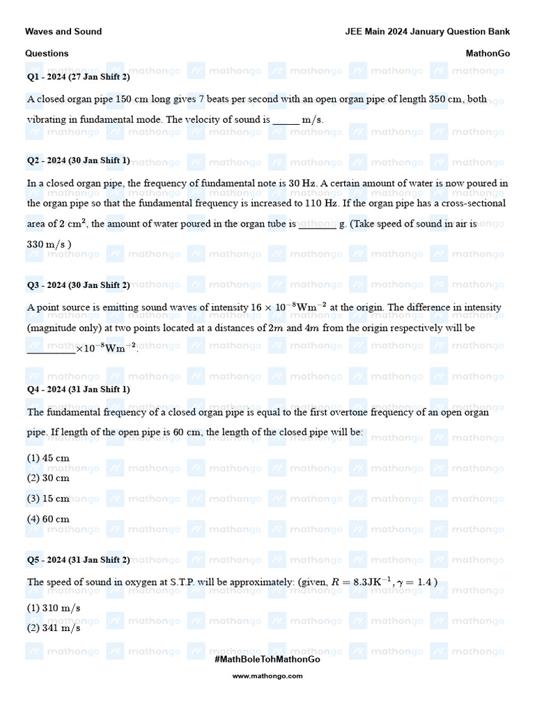 JEE Main 2024 Waves and Sound Questions | PDF | Sound | Frequency