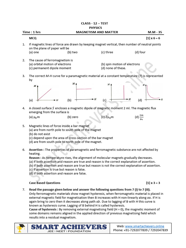 Class 12 Physics Magnetism MCQs Test | PDF | Magnetism | Magnet