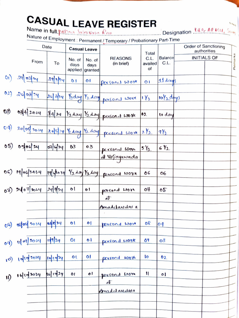 Casual Leave Register Template | PDF