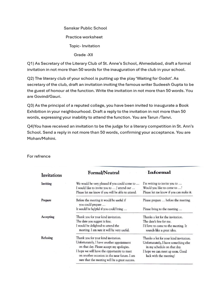 Invitation Writing Practice for Grade XII | PDF