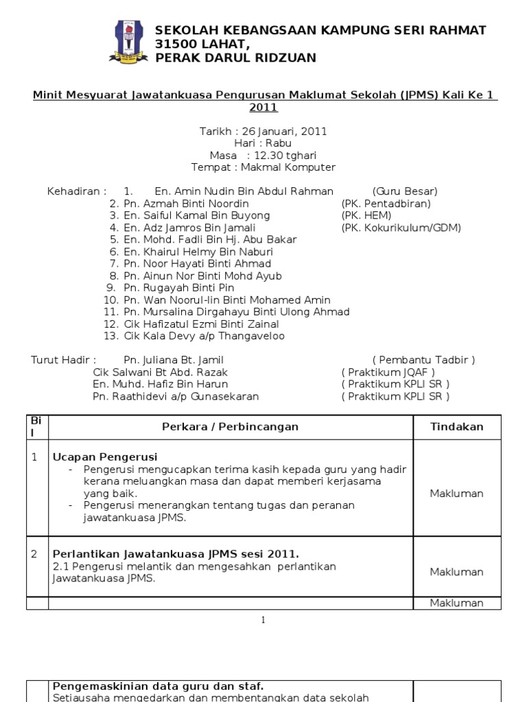 Minit Mesyuarat JPMS Kali Ke1 2011