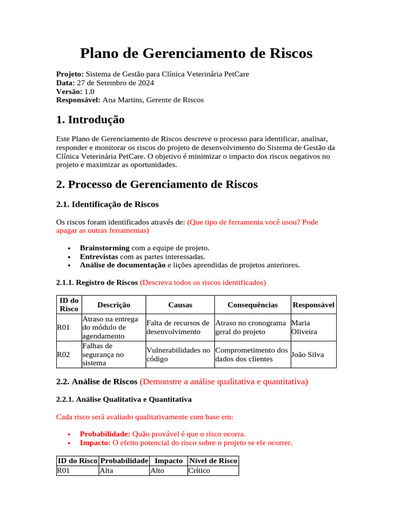 Template do Plano de Gerenciamento de Riscos | PDF | Risco ...