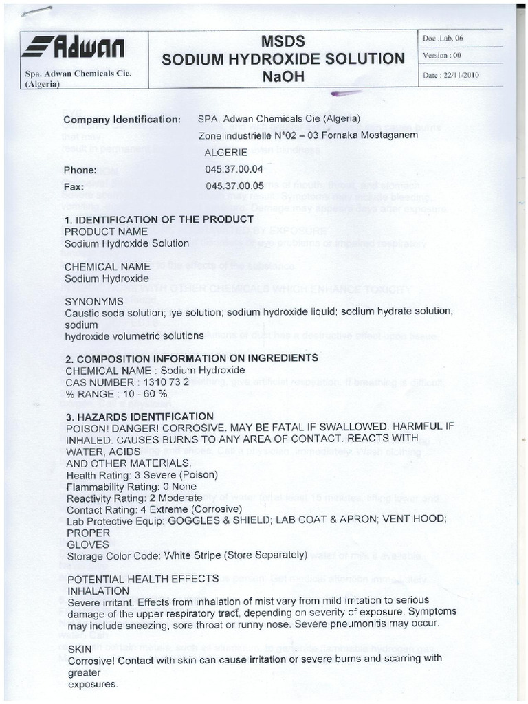 Sodium Hydroxide MSDS Overview | PDF | Sodium Hydroxide | Chemical ...
