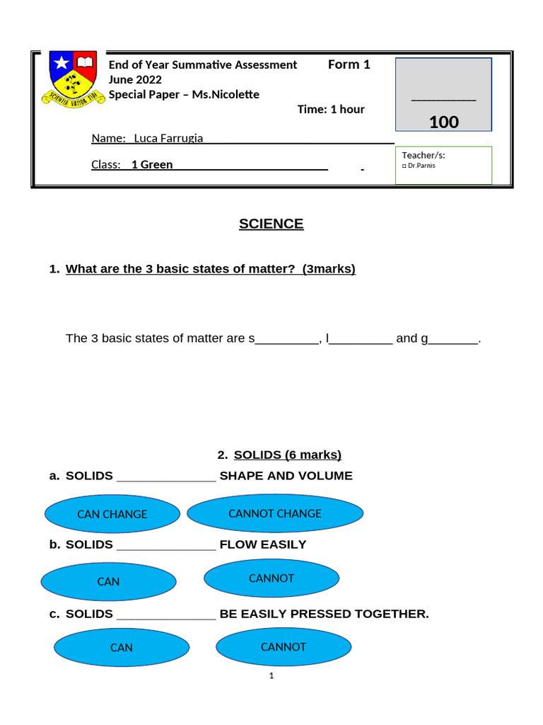 End of Year Science Assessment Form 1 | PDF | Liquids | Melting Point
