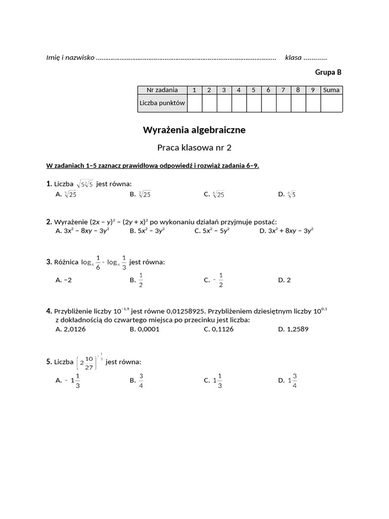 Klasowki wyrazenia algebraiczne 2 b pdf