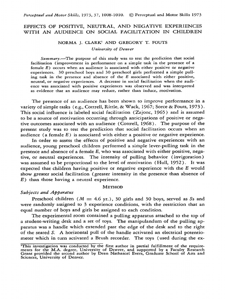 Clark Fouts 1973 Effects of Positive Neutral and Negative Experiences ...