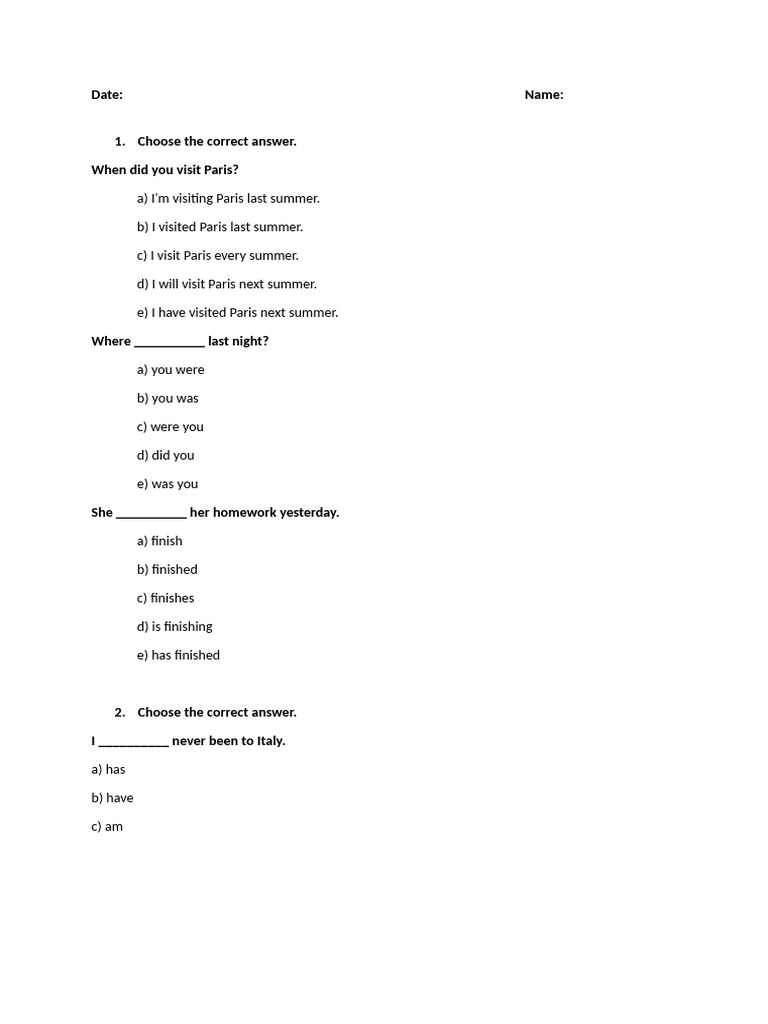 Past Simple And Present Perfect Test Pdf