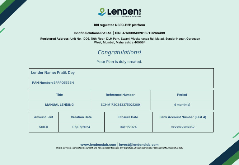 Manual Lending Plan Confirmation | PDF