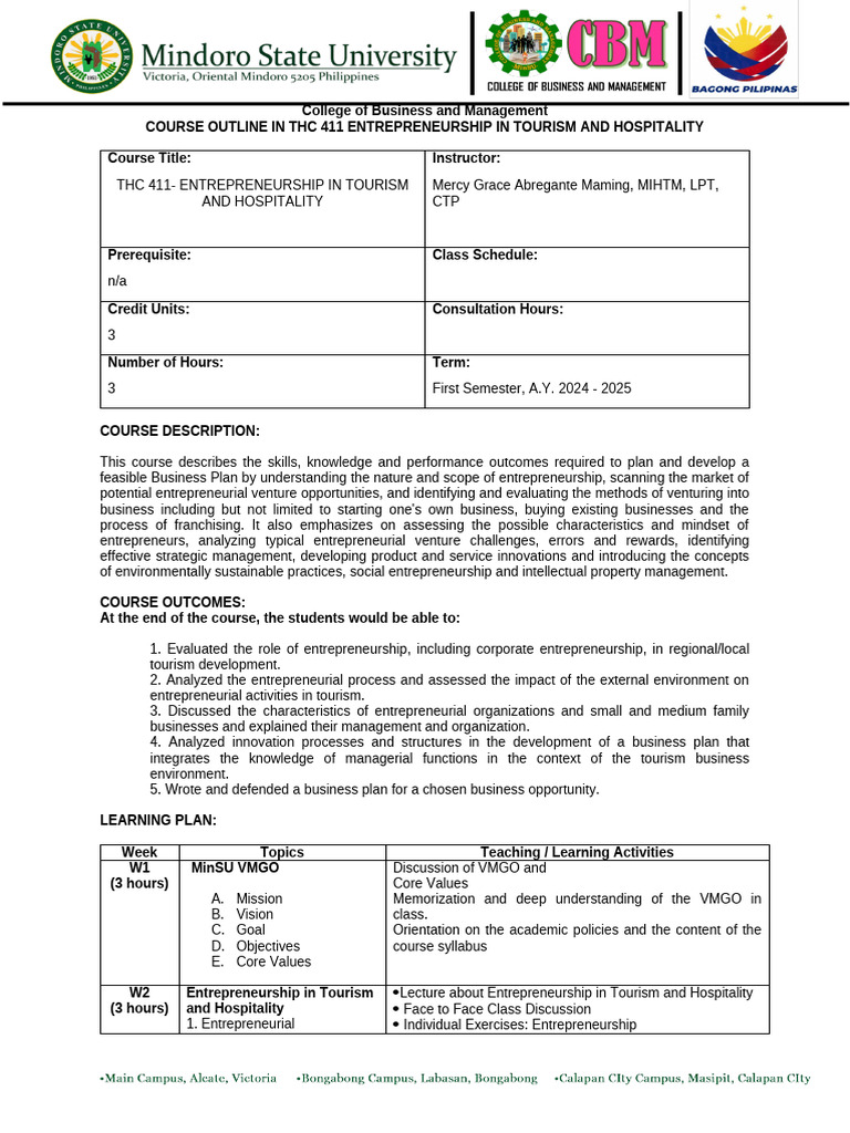 THC 411 Entrepreneurship in Tourism and Hospitality | PDF ...