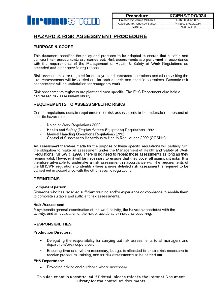 Hazard and Risk Assessment Procedure | PDF | Risk | Risk Assessment