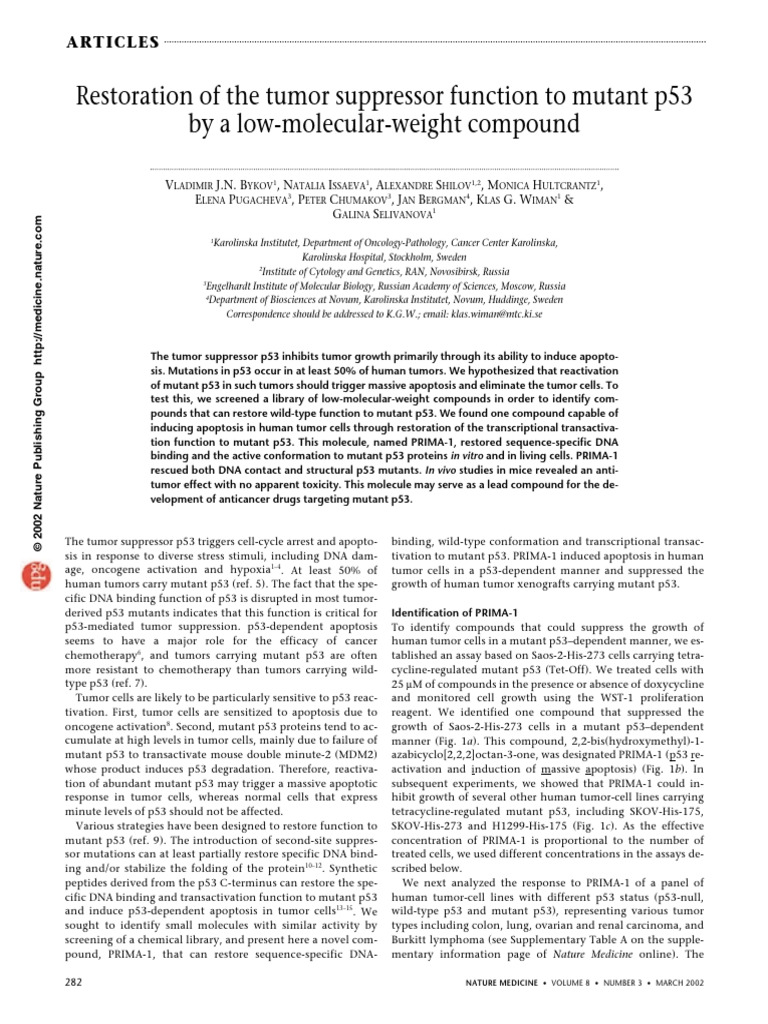 TD3 - Restoration of The Tumor Suppressor Function To Mutant p53 | PDF ...