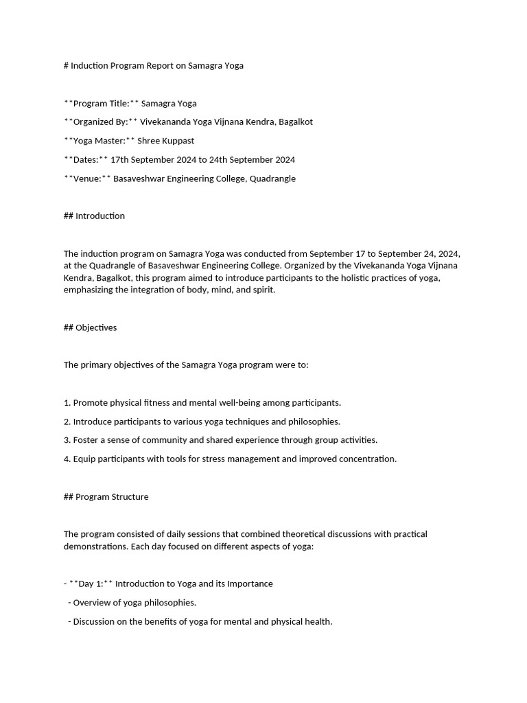 Induction Program Report On Samagra Yoga | PDF | Yoga | Asana