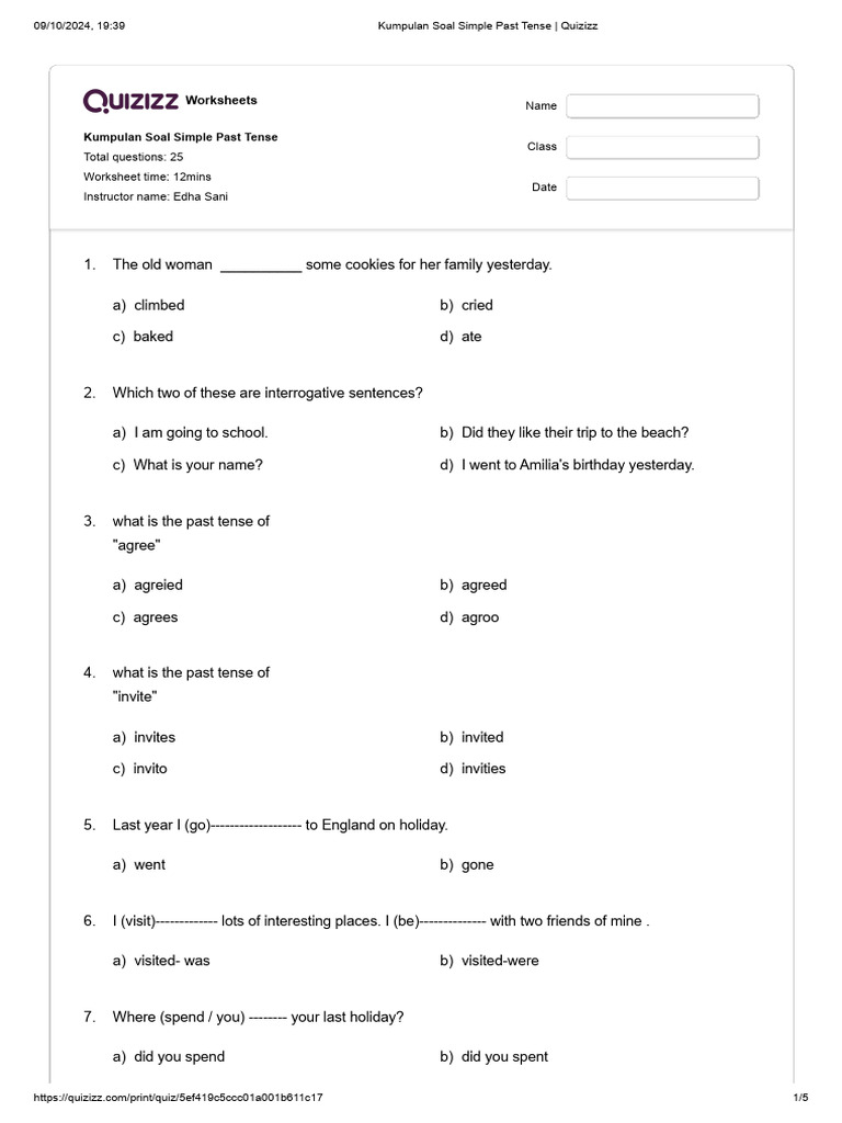 Kumpulan Soal Simple Past Tense Quizizz Pdf