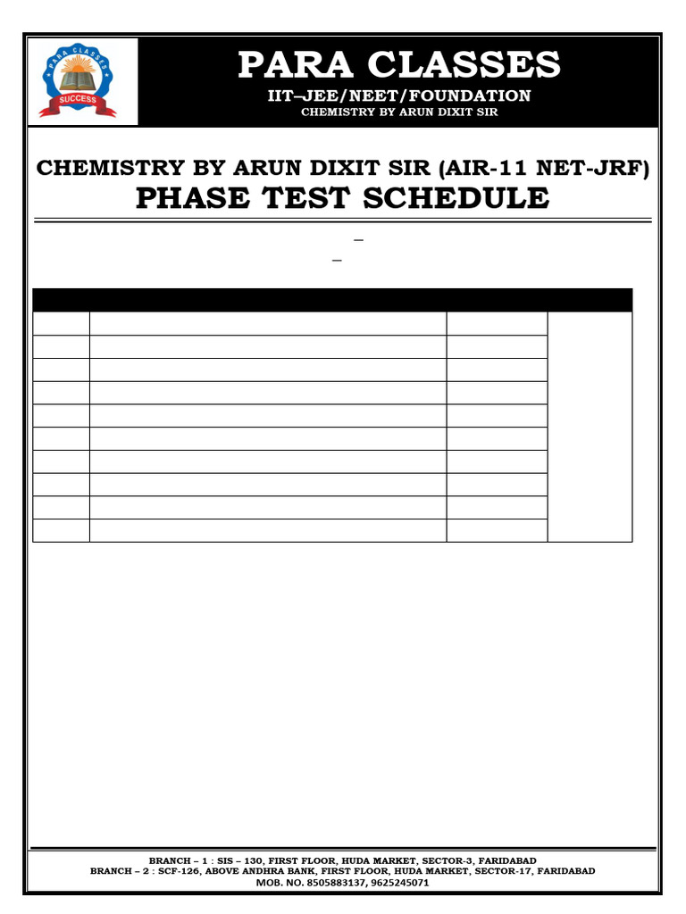 Chemistry Phase Test Schedule 2024 | PDF