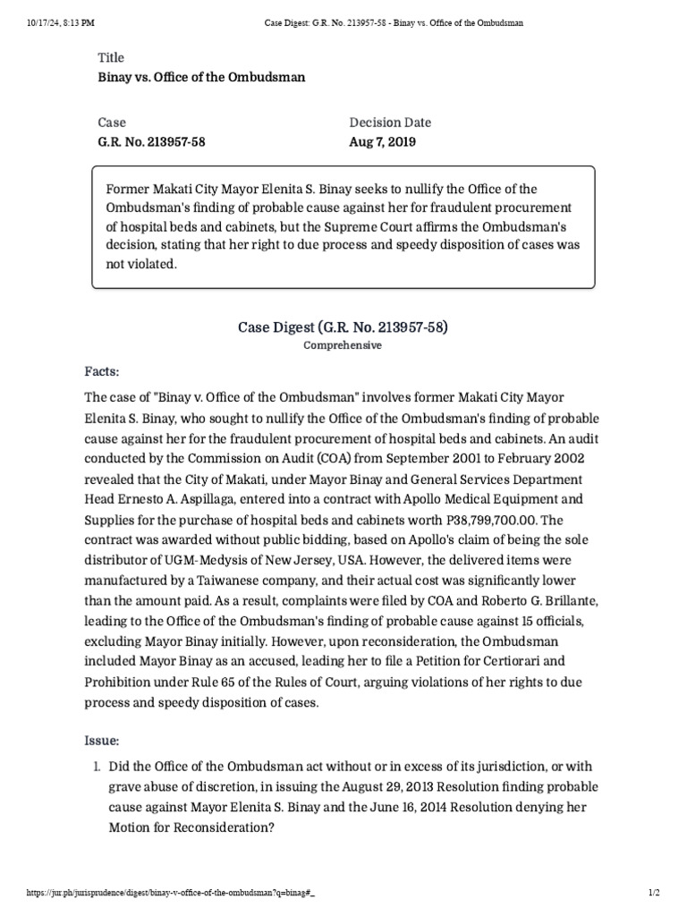 Case digest g r no 213957 58 binay vs office of the ombudsman