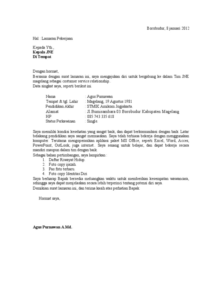 Surat Lamaran Jne Pdf