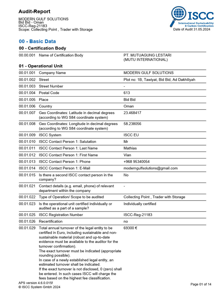 ISCC Audit Report for Modern Gulf Solutions | PDF | Audit | Database ...