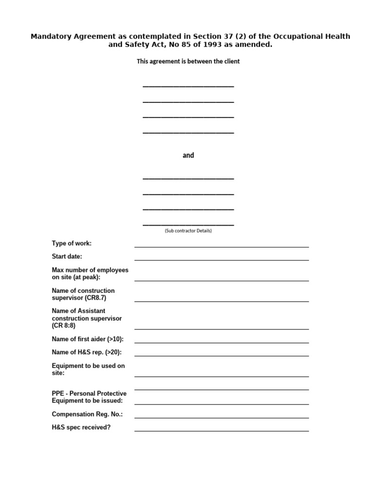 Section 37(2) Mandatory Agreement Template | PDF | Occupational Safety ...