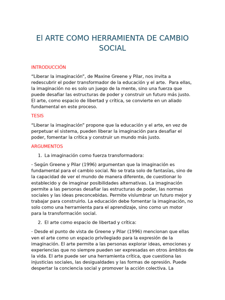 El Arte Como Herramienta de Cambio Social. | PDF | Imaginación | Cambio ...