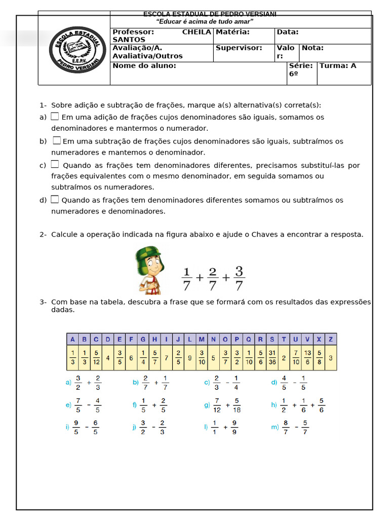 Adição e Subtração de Frações 6º Ano | PDF