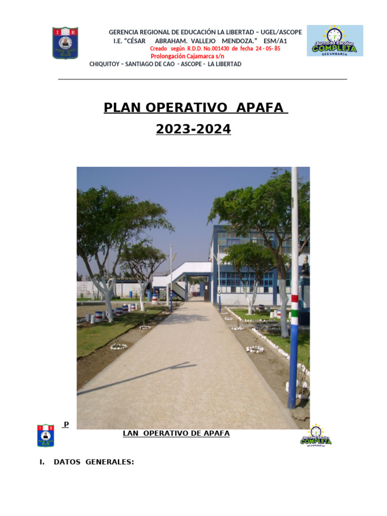 Plan Operativo APAFA 2023-2024 I.E. César Vallejo | PDF