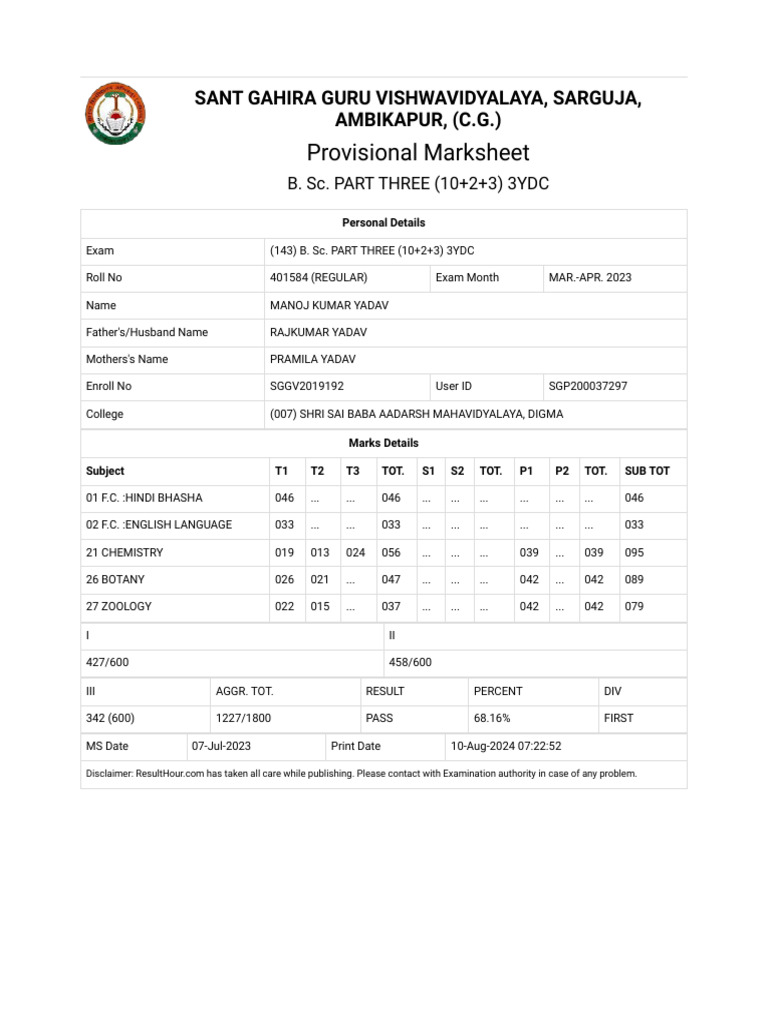 B.Sc. Part 3 Marksheet Summary | PDF