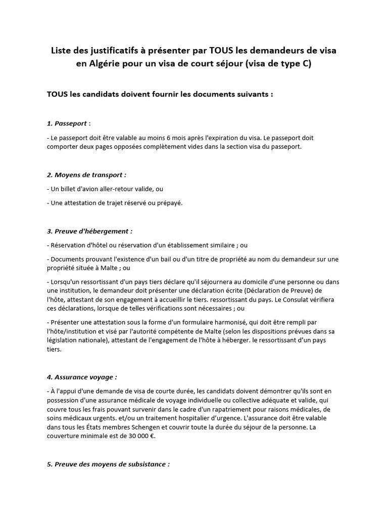 Justificatifs pour visa de type C en Algérie | PDF | Visa (Document ...