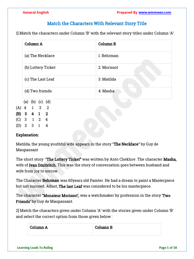 Match the Characters With Relevant Story Title | PDF