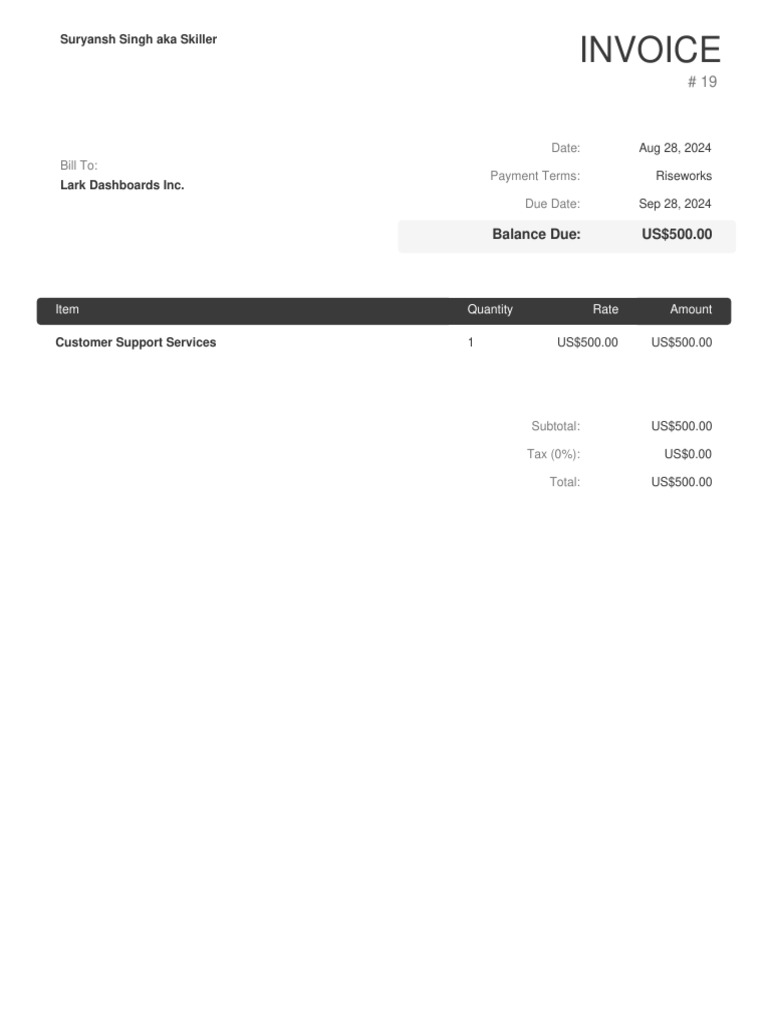 Invoice #19 for Customer Support Services | PDF