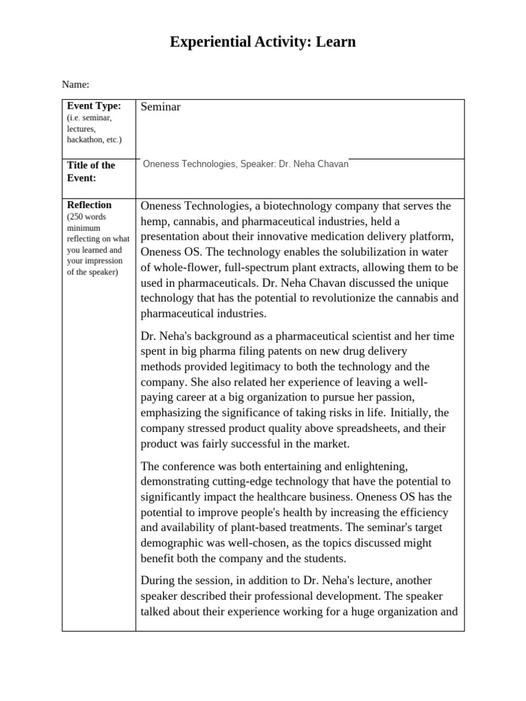 Experiential Learn Reflection1 | PDF | Pharmaceutical Industry | Health ...