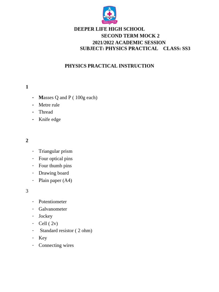 SS 3 Physics Practical Instruction | PDF | Science & Mathematics