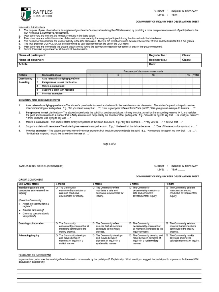 Name of participant register no class name of observer register no
