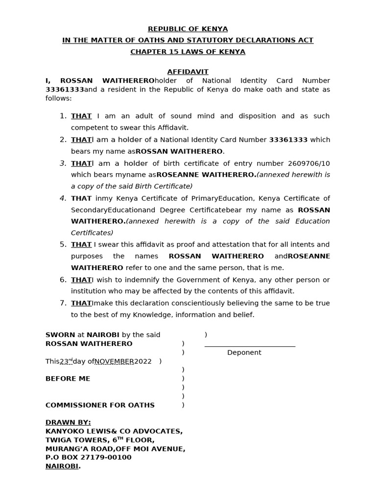 Affidavit of Name Declaration in Kenya | PDF | Law