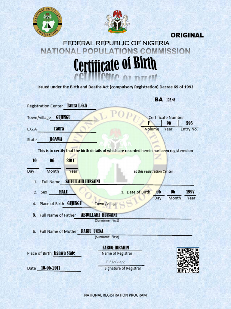 Nigerian Birth Certificate Example | PDF