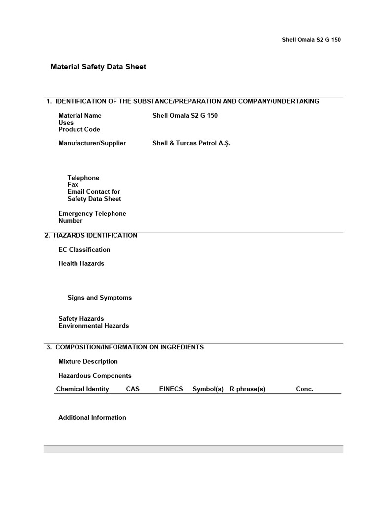 Shell Omala S2 G 150 MSDS Overview | PDF | Toxicity | Glove