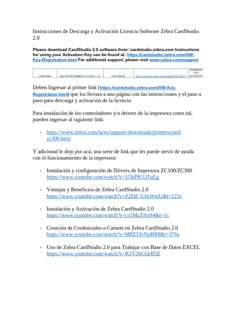 Instrucciones de descarga y activaci n licencia software zebra