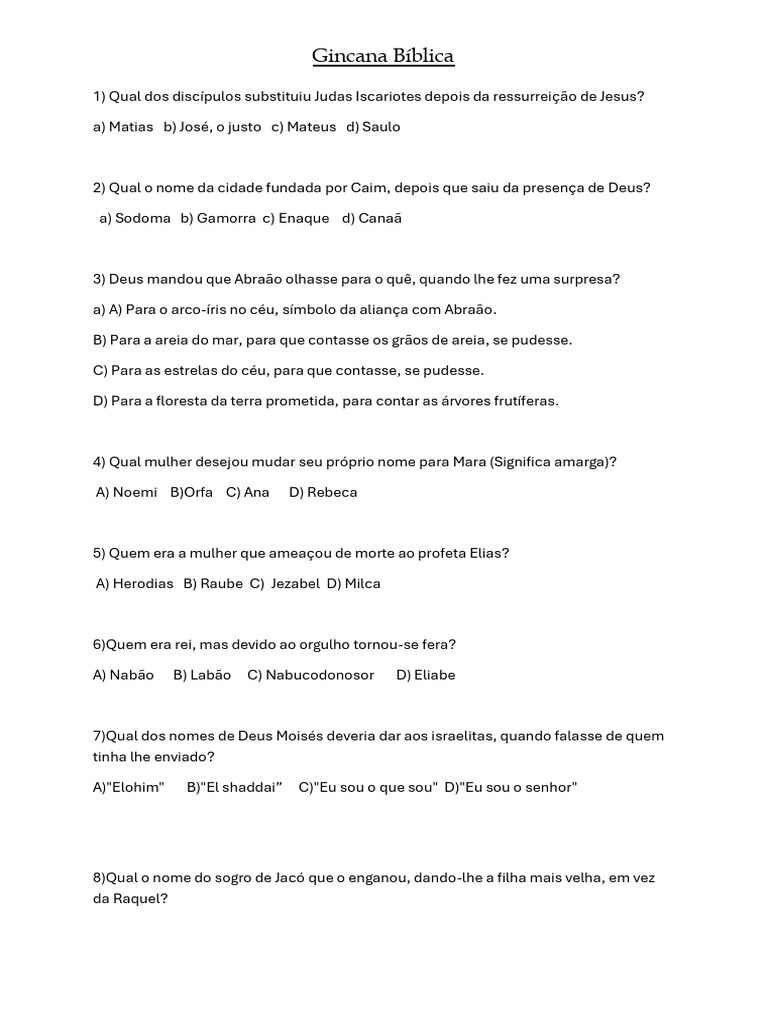 Gincana Bíblica: Perguntas e Respostas | PDF | Abraão | Elias