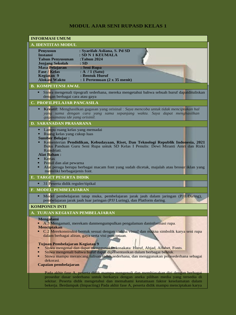 Modul Ajar Seni Rupa Kelas 1: Bentuk Huruf | PDF | Karier & Perkembangan