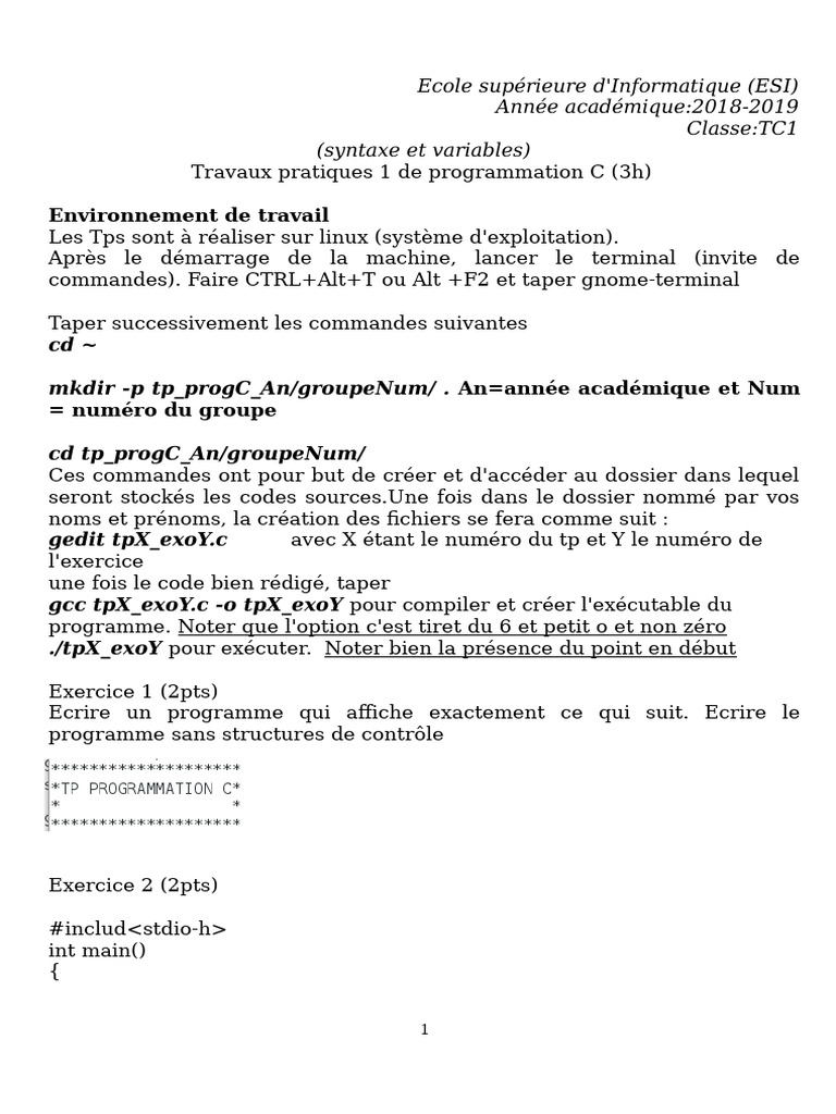 TP Programmation C - ESI 2018-2019 | PDF | Programme informatique ...