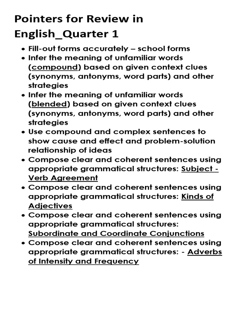 Review Pointers for English and Filipino Q1 | PDF | Word | Grammar