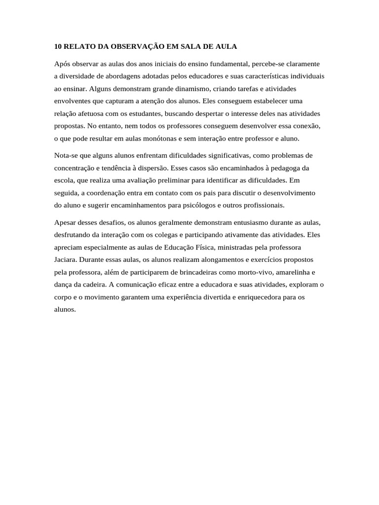 Relato de Observação em Sala de Aula | PDF | Bem-estar