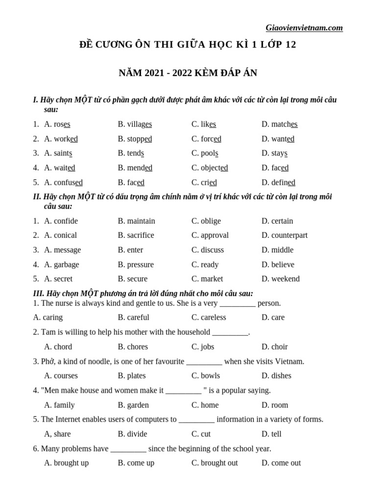 Bai Tap Trac Nghiem Tieng Anh Lop 12 Unit 1 2 3 | PDF